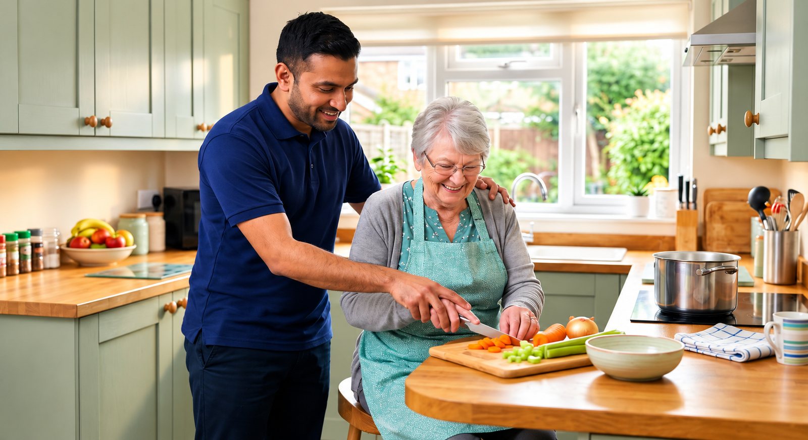 A support worker helping an older woman prepare a meal in her kitchen