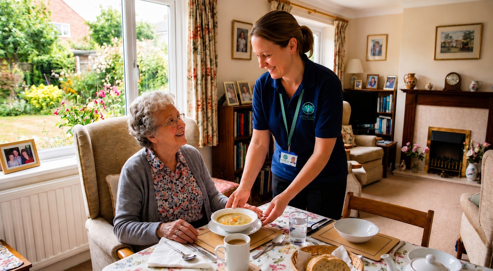 A Lotus Life support worker serving a warm bowl of soup to a smiling older woman at home
