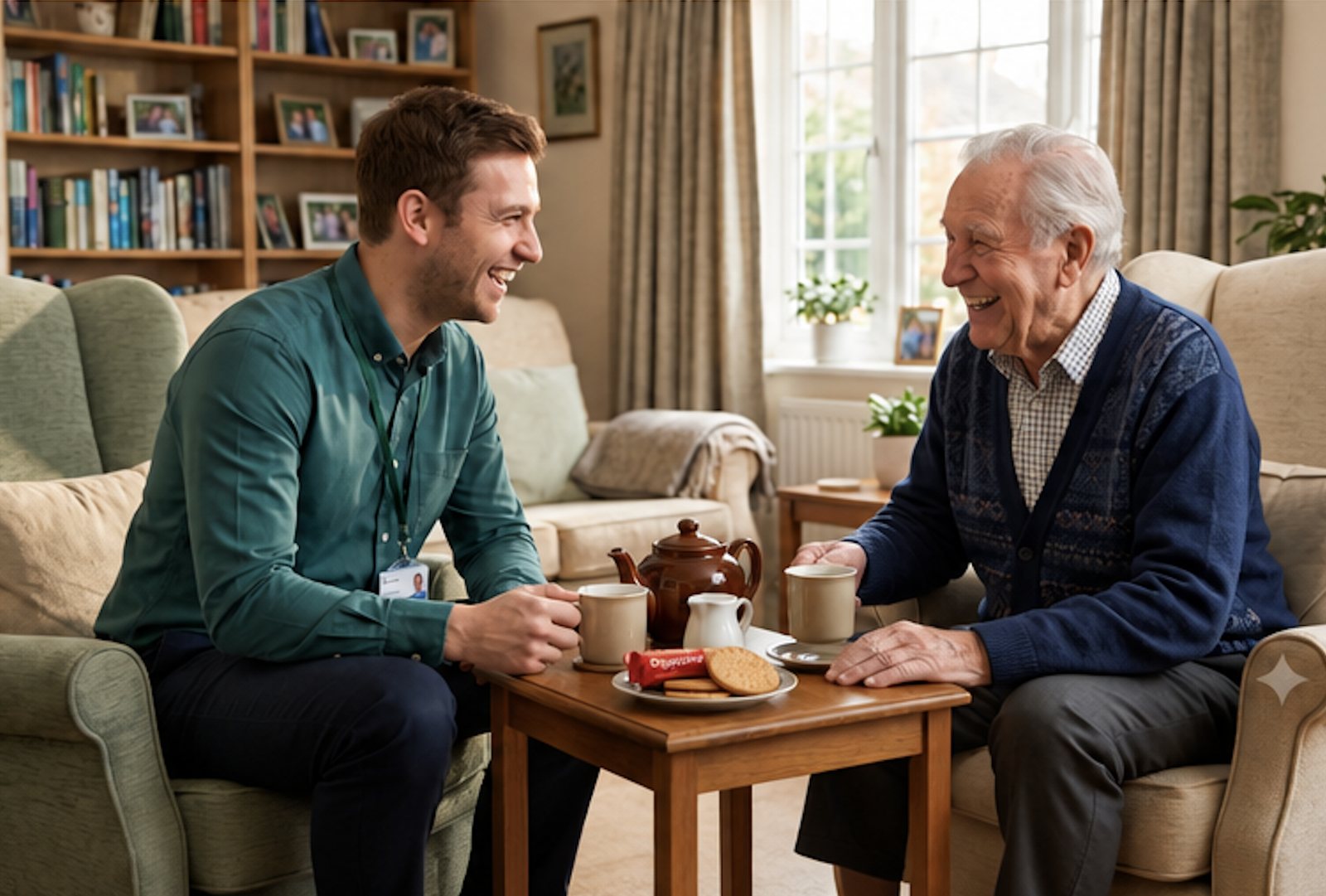 A support worker enjoying a cup of tea and a chat with an older man