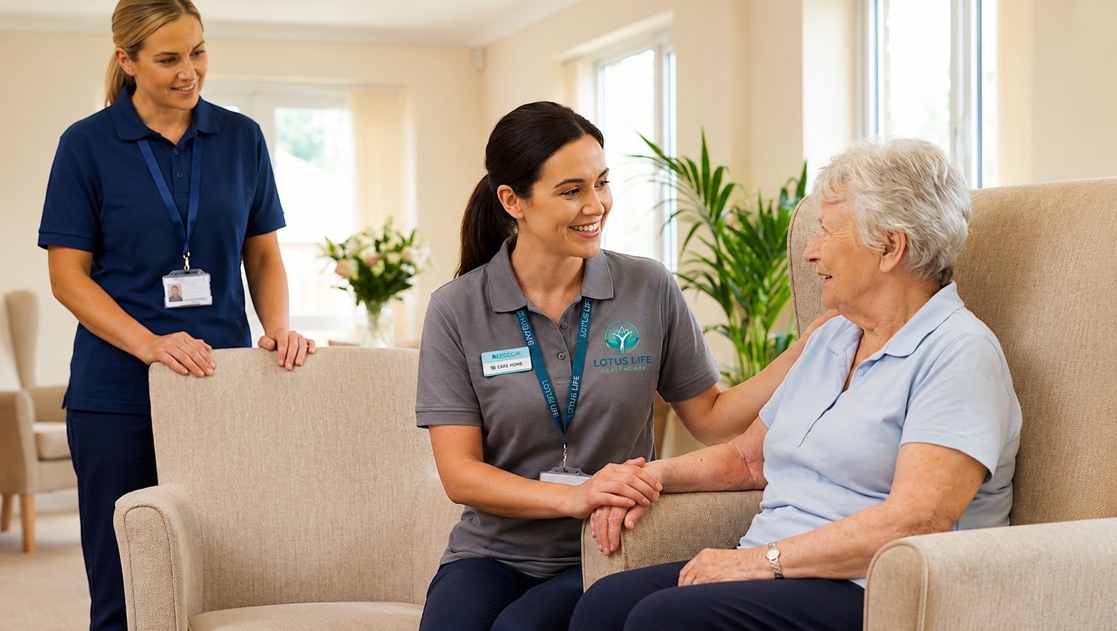 Two Lotus Life staff chatting warmly with an older woman in her living room